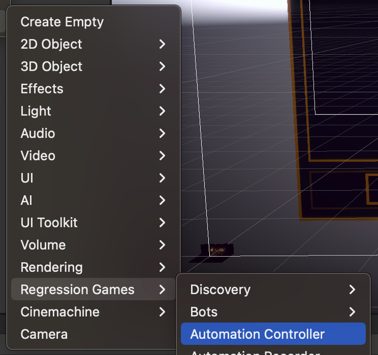 The &quot;Automation Controller&quot; option in the Regression Games submenu of the GameObject menu