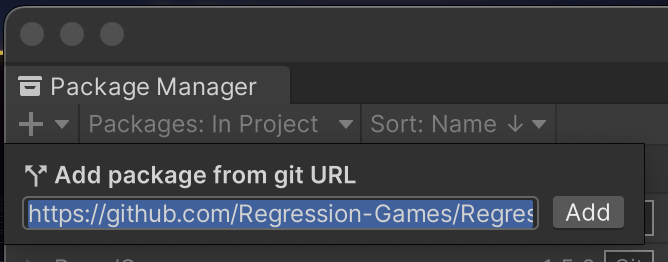 The Unity Package Manager dialog with the &quot;Add package from git URL&quot; option selected.
