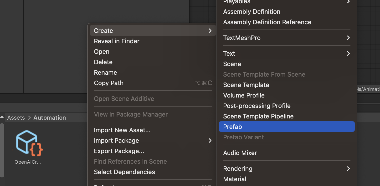 The Unity Project panel menu open to &quot;Create &gt; Prefab&quot;
