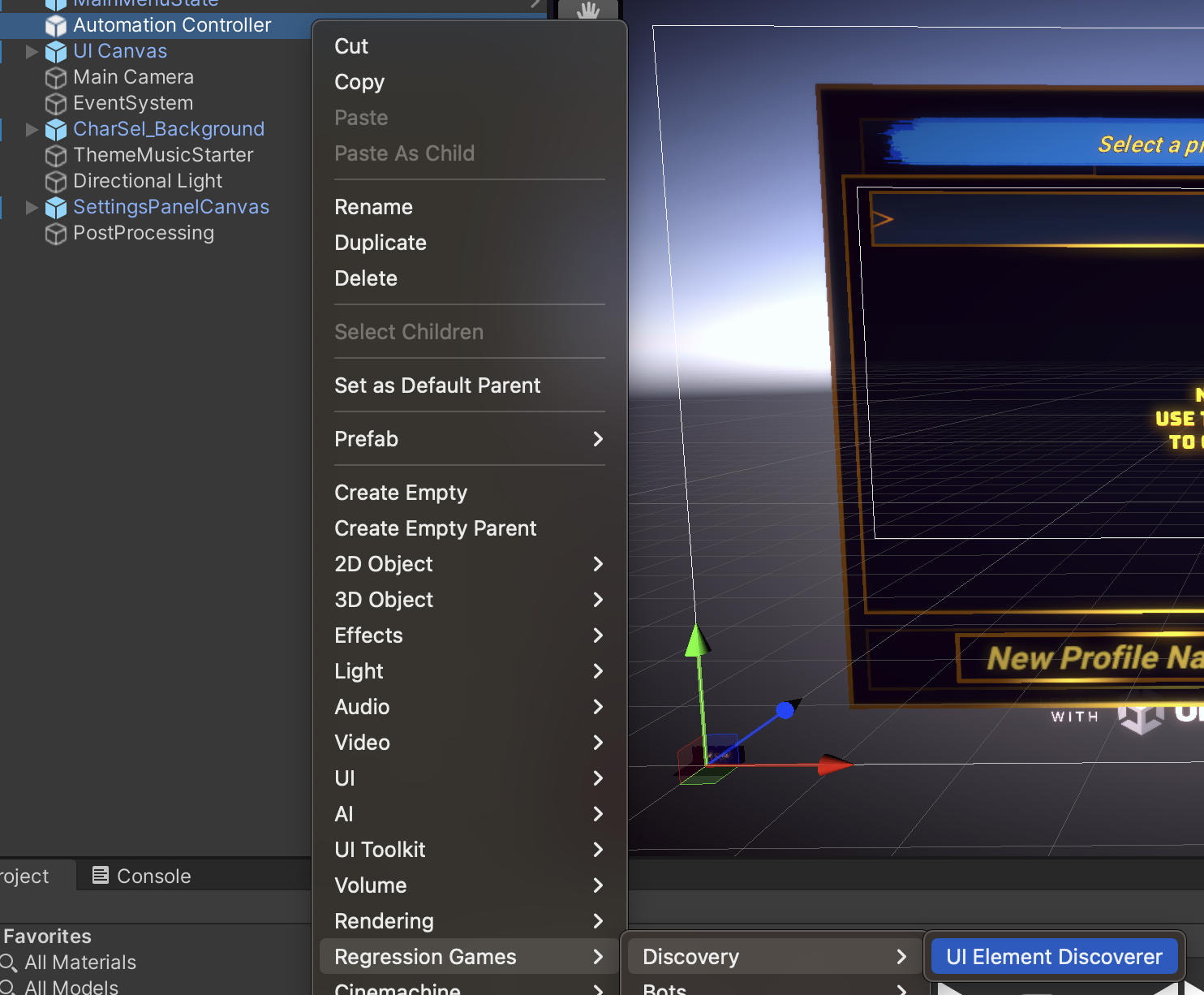 The &quot;UI Element Discoverer&quot; option in the Regression Games submenu of the GameObject menu