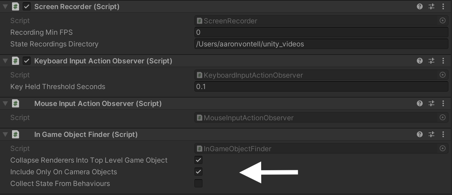 Various options for scraping game objects from the scene