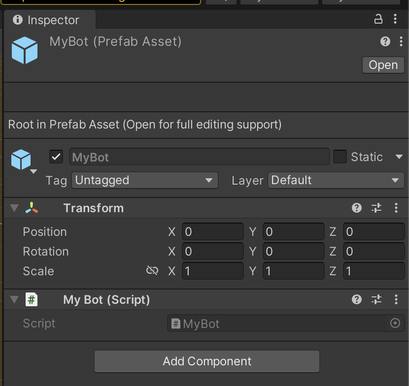A Unity Prefab showing the &quot;My Bot (Script)&quot; component added