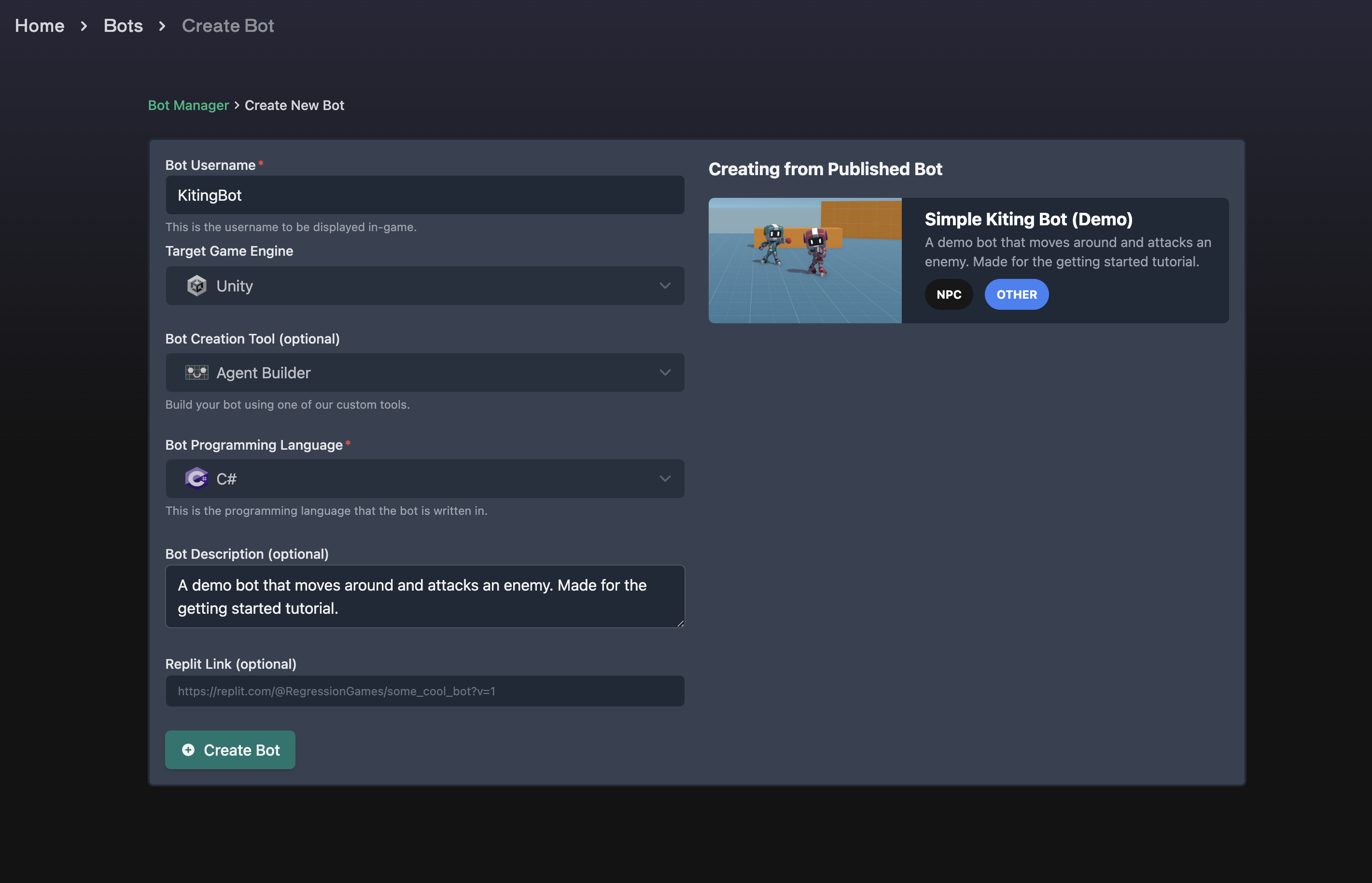 Screenshot of the bot creation page.