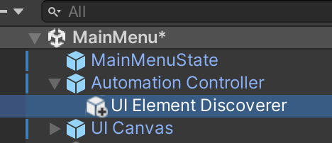The Unity Hierarchy view showing the &quot;UI Element Discoverer&quot; object as a child of the &quot;Automation Controller&quot;